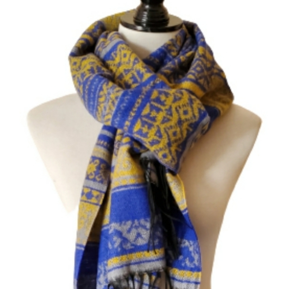 Women's long blue and gold fringe pashmina scarf  wrap NWT